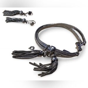 Vintage Monet Silver Tassle Jewelry Bracelet and Earring Set
